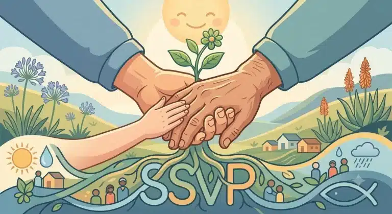 An artistic illustration representing community care and hope, featuring supportive hands holding a growing green seedling with SSVP branding, set against a warm Eastern Cape landscape.